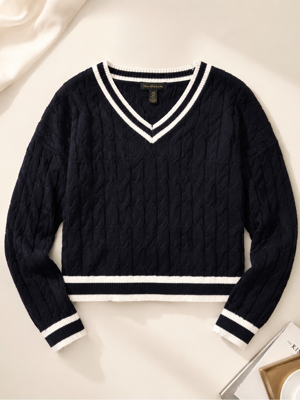 NWT House of Harlow 1960 Cable Knit Varsity V Neck Sweater XL Black Ivory